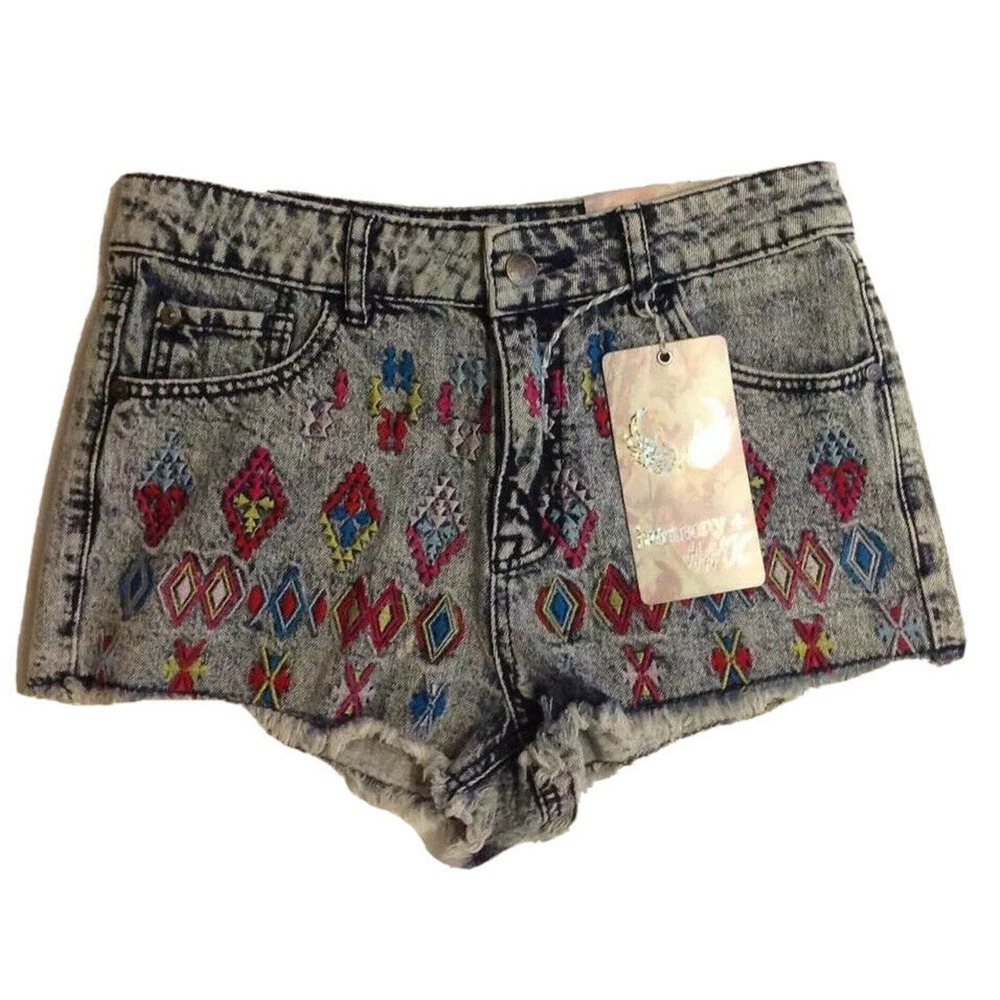 NEW Harmony & Havoc High Waist Embroidered Tribal Cut Off Festival Shorts Sz 4